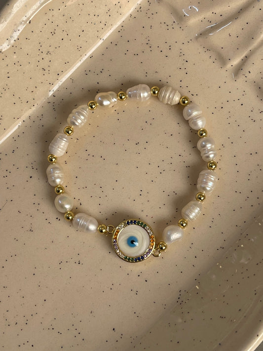 Round Evil Eye Bracelet -Authentic Fresh Water Pearls