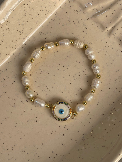 Round Evil Eye Bracelet -Authentic Fresh Water Pearls